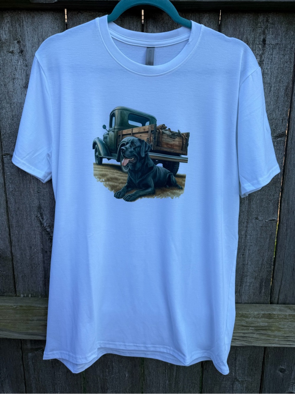 🍎2/$12🍎 White Graphic Tee with Black Lab and Vintage Truck - Sublimation - S0129